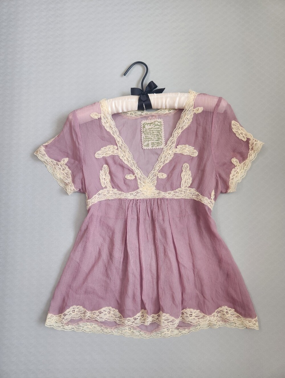 Y2K Top S Lilac Cream Lace Sheer Babydoll Fairycore Fit Flare Blouse Made Italy